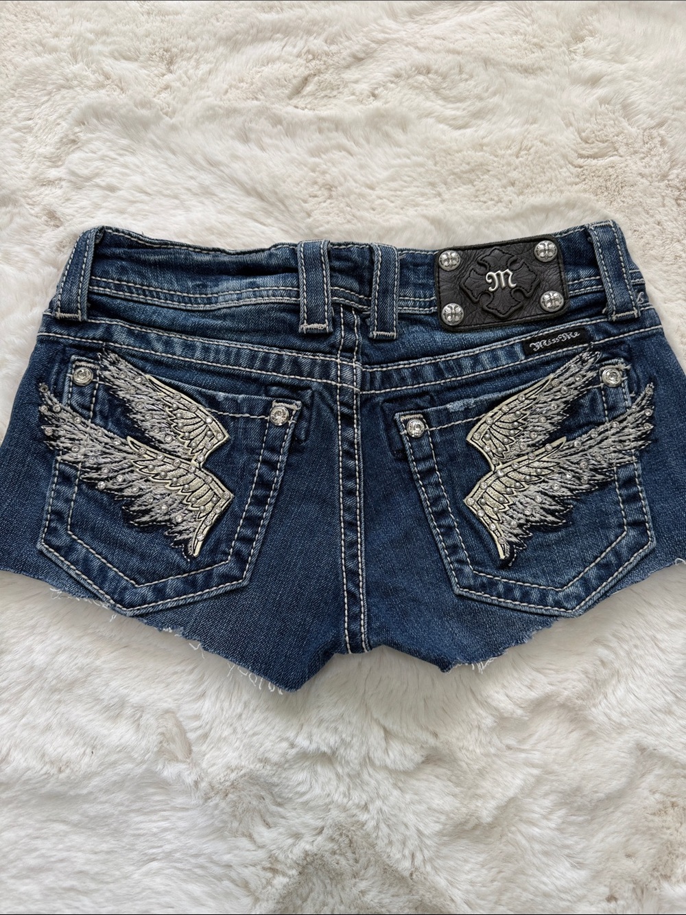 Y2K Miss Me Angel Wing Bling Dark Indigo Distressed Cutoff Blue Jean Shorts